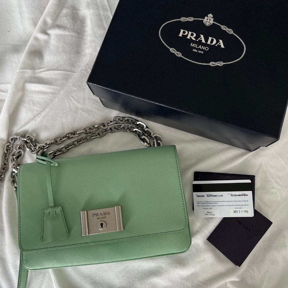Brand New Rare Prada Saffiano Lux Leather Chain Shoulder Bag in Acquamarina